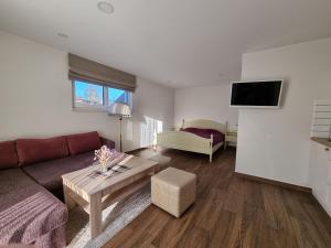 una sala de estar con un sofá y una mesa en Palanga Deluxe, en Palanga