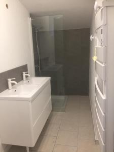 a white bathroom with a sink and a shower at LA PETITE MAISON DE TATATE in Longué +12 photos