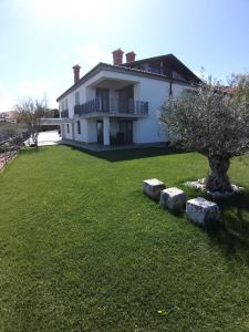 ein großes weißes Haus mit einem Baum im Hof in der Unterkunft Apartma Bellavista in Izola
