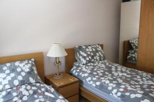 - une chambre avec 2 lits et une lampe sur une table de chevet dans l'établissement Brittany Street, Plymouth, à Plymouth