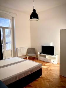a bedroom with a bed and a flat screen tv at Apartman Kryštof in Františkovy Lázně