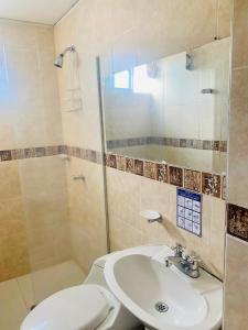 聖瑪爾塔的住宿－Santa Marta Apartamentos - Brisas Marina，浴室配有卫生间、盥洗盆和淋浴。