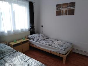 two twin beds in a room with a window at Arinza Apartman Vendégház in Mezőkövesd