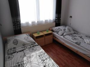 2 Einzelbetten in einem Zimmer mit Fenster in der Unterkunft Arinza Apartman Vendégház in Mezőkövesd