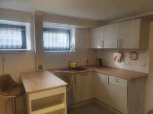 a small kitchen with white cabinets and a sink at Zimmervermietung Cottbusser Ostsee in Cottbus