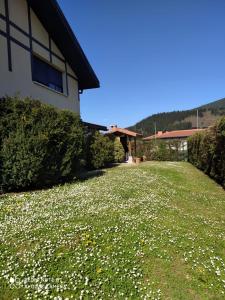 un patio con flores blancas delante de un edificio en URDINETXE, en Luyando