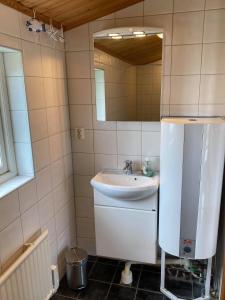 La salle de bains est pourvue d'un lavabo et d'un miroir. dans l'établissement Rusthållaregården i Edenryd, à Bromölla