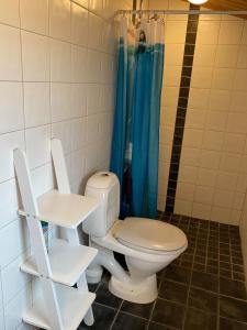 La salle de bains est pourvue d'une douche et de toilettes. dans l'établissement Rusthållaregården i Edenryd, à Bromölla