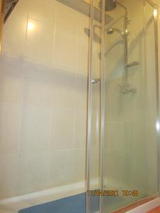 a shower with a glass door in a bathroom at Pêssego - AL in Arouca