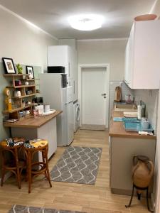eine Küche mit einem Kühlschrank sowie einem Tisch und Stühlen in der Unterkunft Diva Garden Apartment in Plowdiw