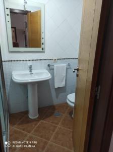 a bathroom with a sink and a toilet and a mirror at Atico Cuntis Thermae in Cuntis +4 photos