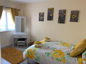 a bedroom with a bed and some pictures on the wall at Mayfield House Holiday home in Ballinrobe