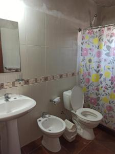 a bathroom with a sink and a toilet and a shower curtain at Casas Las Coloradas in Piriápolis