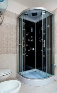 マリーナ・ディ・マンカヴェルサにあるResidence Mare Bluのバスルーム(ガラス張りのシャワー、トイレ付)