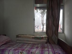 a bedroom with a bed and a window with a tree at Vamoose Rhododendron in Darjeeling