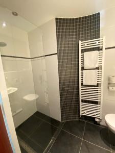 a bathroom with a shower and a toilet and a sink at Fletcher Hotel-Restaurant De Kempen in Reusel