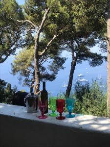 a table with three wine glasses and a bottle at Villa Guya in Capri