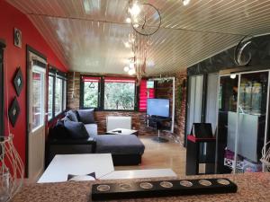 a living room with a couch and a tv at Titi's Chalet in Durbuy