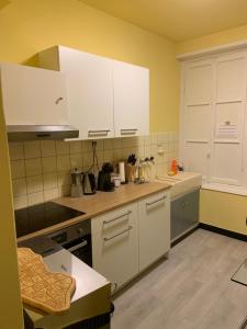 - une cuisine avec des appareils électroménagers blancs et des murs jaunes dans l'établissement CASA DOYA - Appartamento vintage, à Muralto