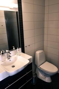 a bathroom with a sink and a toilet and a mirror at Storestølen Fjellhotell in Hovet