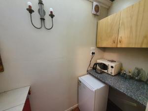 a small kitchen with a microwave and a refrigerator at Melite Rooms in Strand