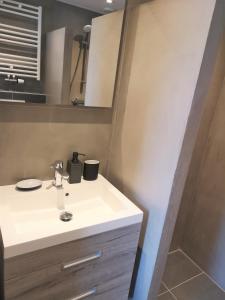 a bathroom with a white sink and a shower at DWC00 - New romantic studio with large terrace in Domburg