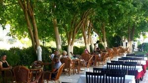 een groep mensen die aan tafels onder bomen zitten bij Selina Hotel in Kuşadası