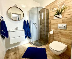 a bathroom with a shower and a toilet and a sink at Willa RAFA in Jastarnia +70 photos