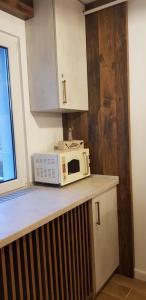 a microwave sitting on top of a counter in a kitchen at SAVAS CLASIC BRASOV in Braşov
