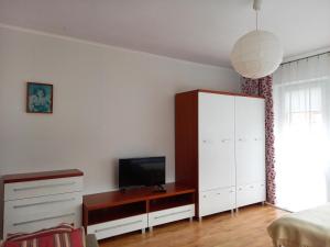 um quarto com uma cama e uma televisão num armário em Mieszkanie u Zofii - Krościenko n.D em Krościenko