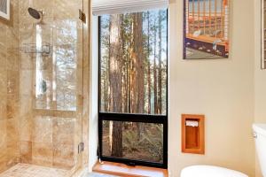 a bathroom with a shower and a glass window at The Tea House in Sea Ranch