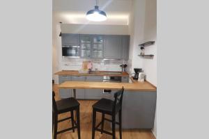 a kitchen with a wooden table and two chairs at Tempelhoferfeld in Berlin