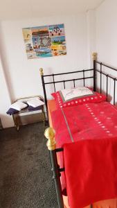 希察克的住宿－Ferienhaus Kunterbunt II，一间卧室配有一张带红色毯子的床