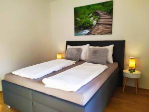 two beds in a room with two lamps on them at Deluxe Parkapartment Vienna City Center - free parking! in Vienna