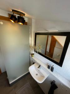 a bathroom with a sink and a mirror at Ferienwohnung Schneider Friedrichshafen in Friedrichshafen +11 photos