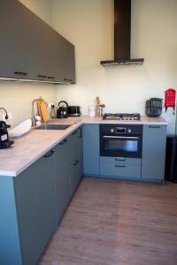 a blue kitchen with a sink and a stove at iwalani Beach Bungalow - large Private Garden - close to City Center & Beach in De Koog