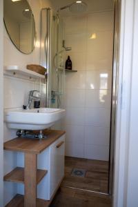 a bathroom with a sink and a shower at iwalani Beach Bungalow - large Private Garden - close to City Center & Beach in De Koog