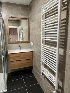 een badkamer met een wastafel en een spiegel bij Alojamientos con encanto Ruliña in Portomarin