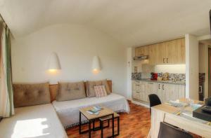 een woonkamer met een bank en een keuken bij Appartement 2 pièces Pied dans l'eau in Porto-Vecchio