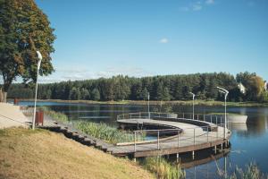 a dock with a boat on a lake at Senoji užeiga in Molėtai +35 photos