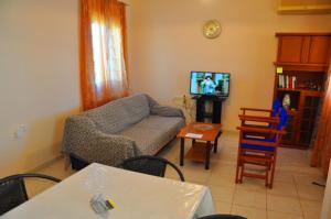 - un salon avec un canapé et une télévision dans l'établissement Dimitra Apartments Zakros, à Kato Zakros