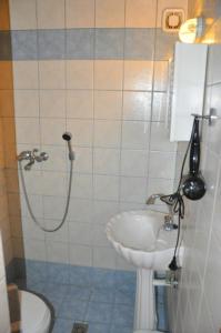 La salle de bains est pourvue d'une douche et d'un lavabo. dans l'établissement Tania village Zakros maisonette, à Zakros