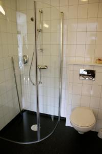 a bathroom with a shower and a toilet at Røvær KulturHotell in Røvær