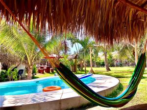 a hammock in a straw umbrella next to a swimming pool at Sunrise hostal in El Paredón Buena Vista