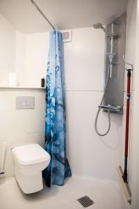 a bathroom with a toilet and a shower at Motel Poppelvej in Herning