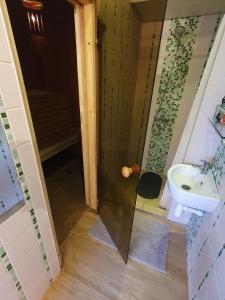 uma casa de banho com um chuveiro, um lavatório e um WC. em Brīvdienu Māja AMRAI em Ventspils