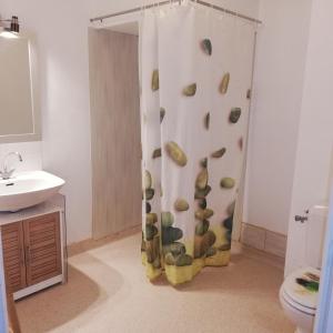 een badkamer met een douchegordijn met hulzen erop bij Les gîtes du Thouet in Saint Loup Lamaire