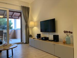 uma sala de estar com uma televisão de ecrã plano na parede em Tara house em Zavala