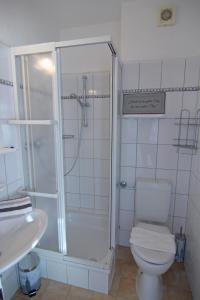 een badkamer met een douche, een toilet en een wastafel bij Kiekerwai in Westerland