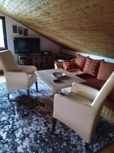 - un salon avec un canapé, des chaises et une table dans l'établissement Ferienhaus Ullrich, à Augustusburg